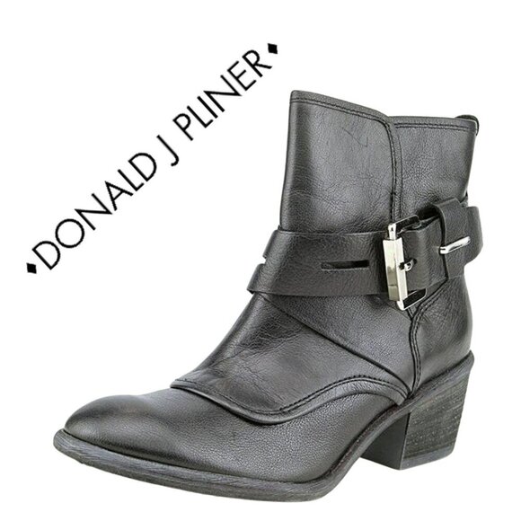 Donald J. Pliner, Diem, Moto Leather Buckle Block Heel Ankle Boot, Black, Silver - Picture 1 of 10